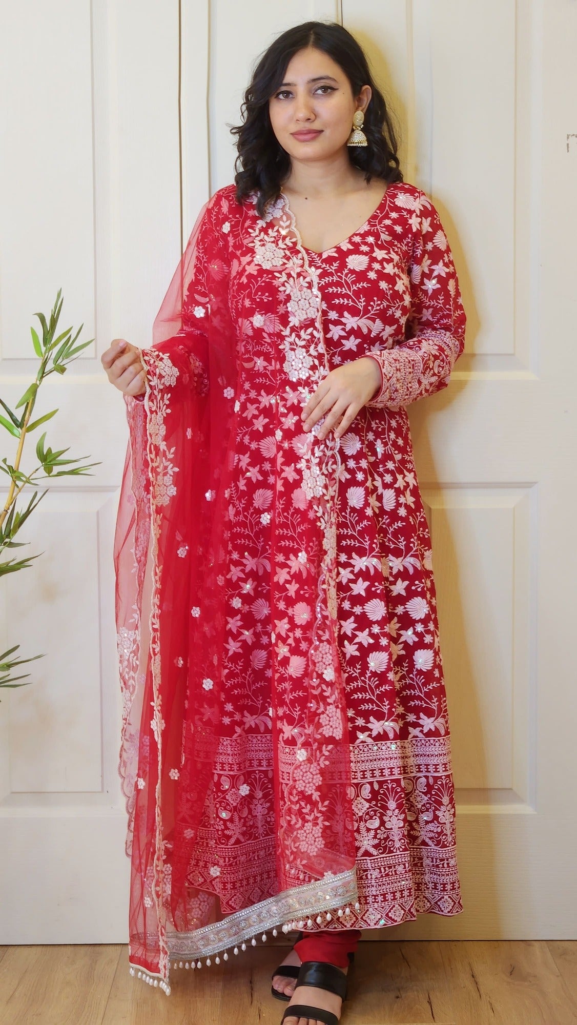 Red  Boutique Anarkali with Floral Embroidery and Sequin Work