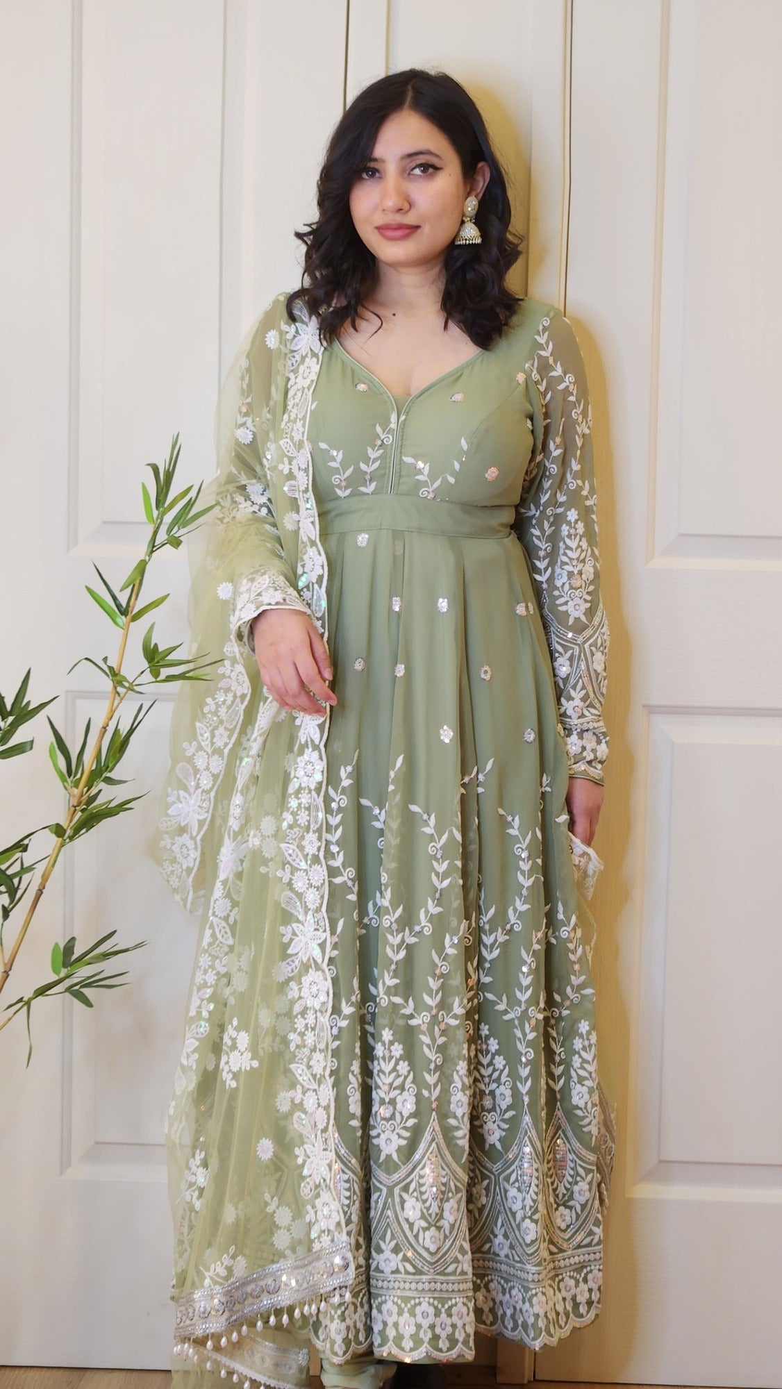 Olive Green Boutique Anarkali With White Floral Embroidery and Sequin Work