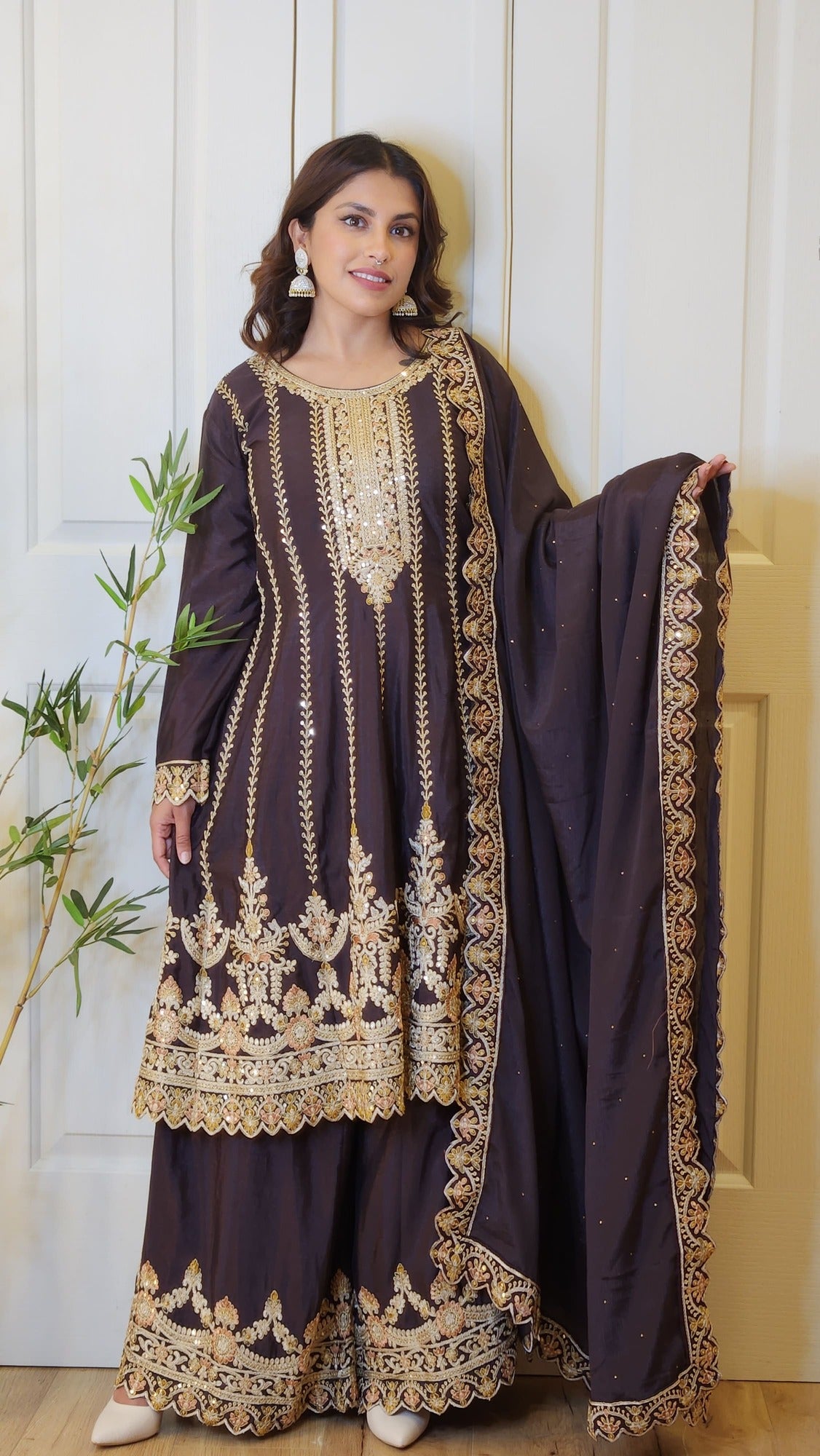 Dark Brown Chinon Silk Sarara Suit with Anarkali Kurti Naina