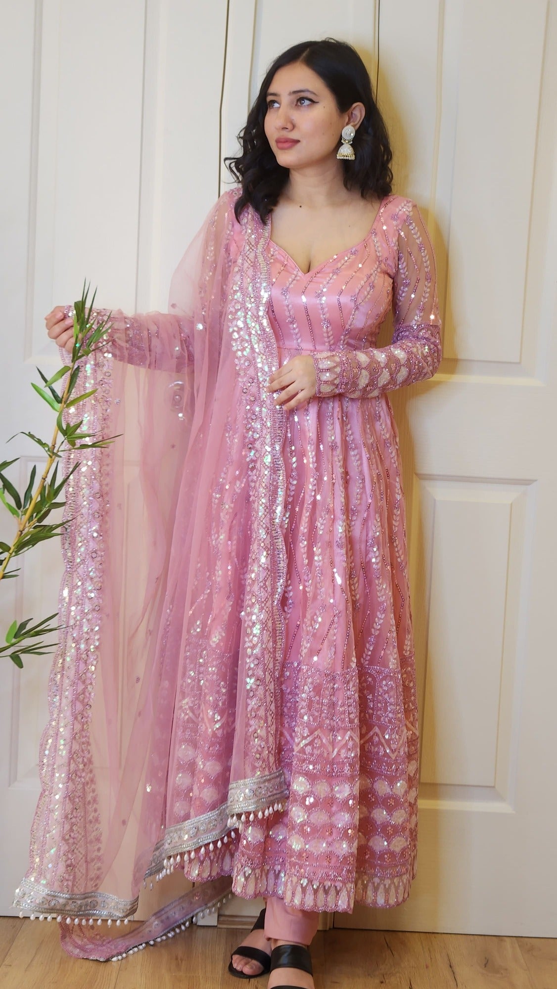 Rose Pink Boutique Anarkali Set with Floral Embroidery and Sequin Work