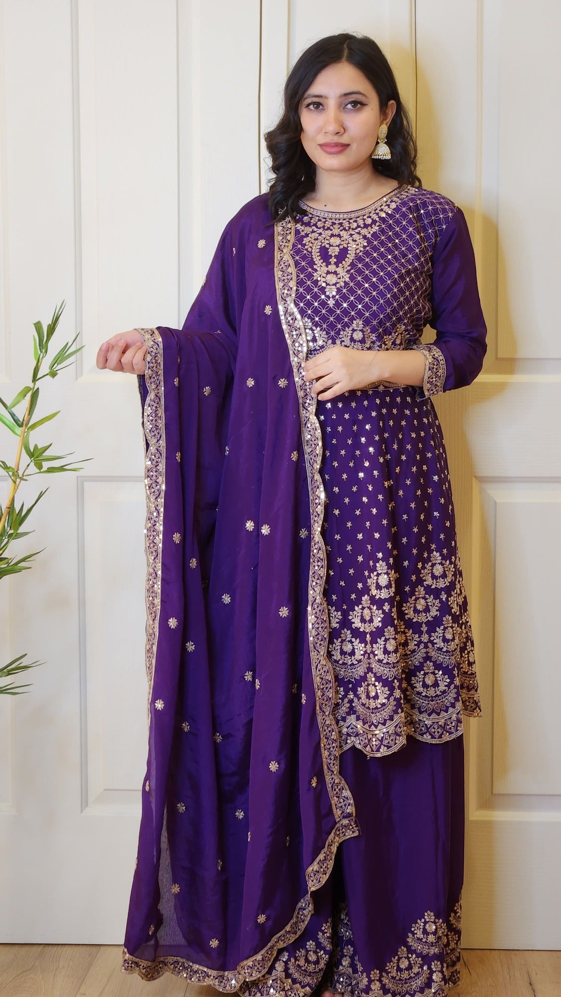 Purple Chinon Silk Golden Zari Embroidered Sarara Suit with Anarkali Kurti Naina