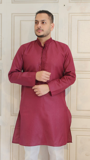 Foil Printed Mens Cotton Kurta in Maroon