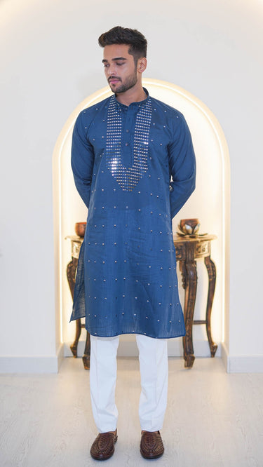 Cotton Kurta for Men with Mirror Embroidery