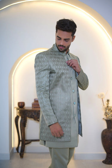 Jacquard Indo Western Set in Pastel Green