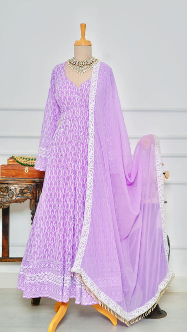 Lavender Motif Anarkali with Chudidar and Shawl